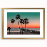 Abstract art print of a Caribbean seascape in muted blue and green hues, framed in gold, ideal for dining room decor.