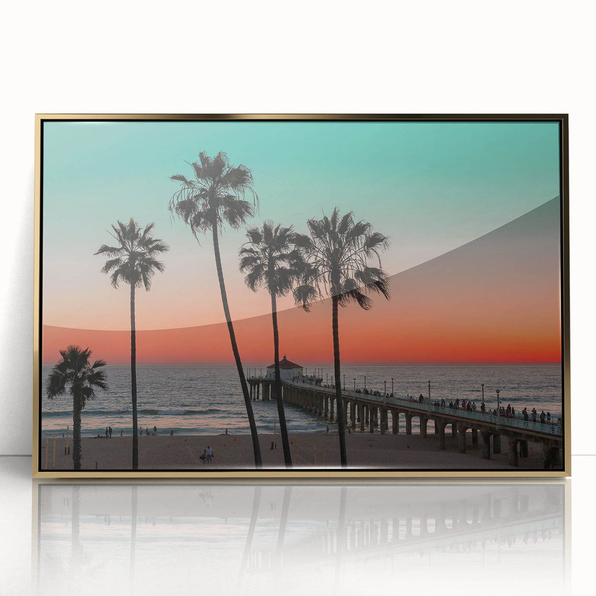 Acrylic print of a Caribbean scenery with vibrant blue and green hues, framed in gold, suitable as modern art wall decor.