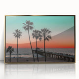 Acrylic print of a Caribbean scenery with vibrant blue and green hues, framed in gold, suitable as modern art wall decor.