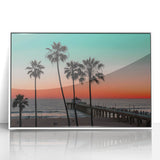 Mid-century modernist art depicting the serene Bahamas scenery on a framed acrylic, with soft blue and white tones.