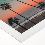 Art deco poster of a Caribbean scenery with vibrant ocean blues and sandy beige on rolled canvas.