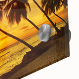 Large abstract wall art depicting a Caribbean scene in vibrant blue and green tones on acrylic glass.