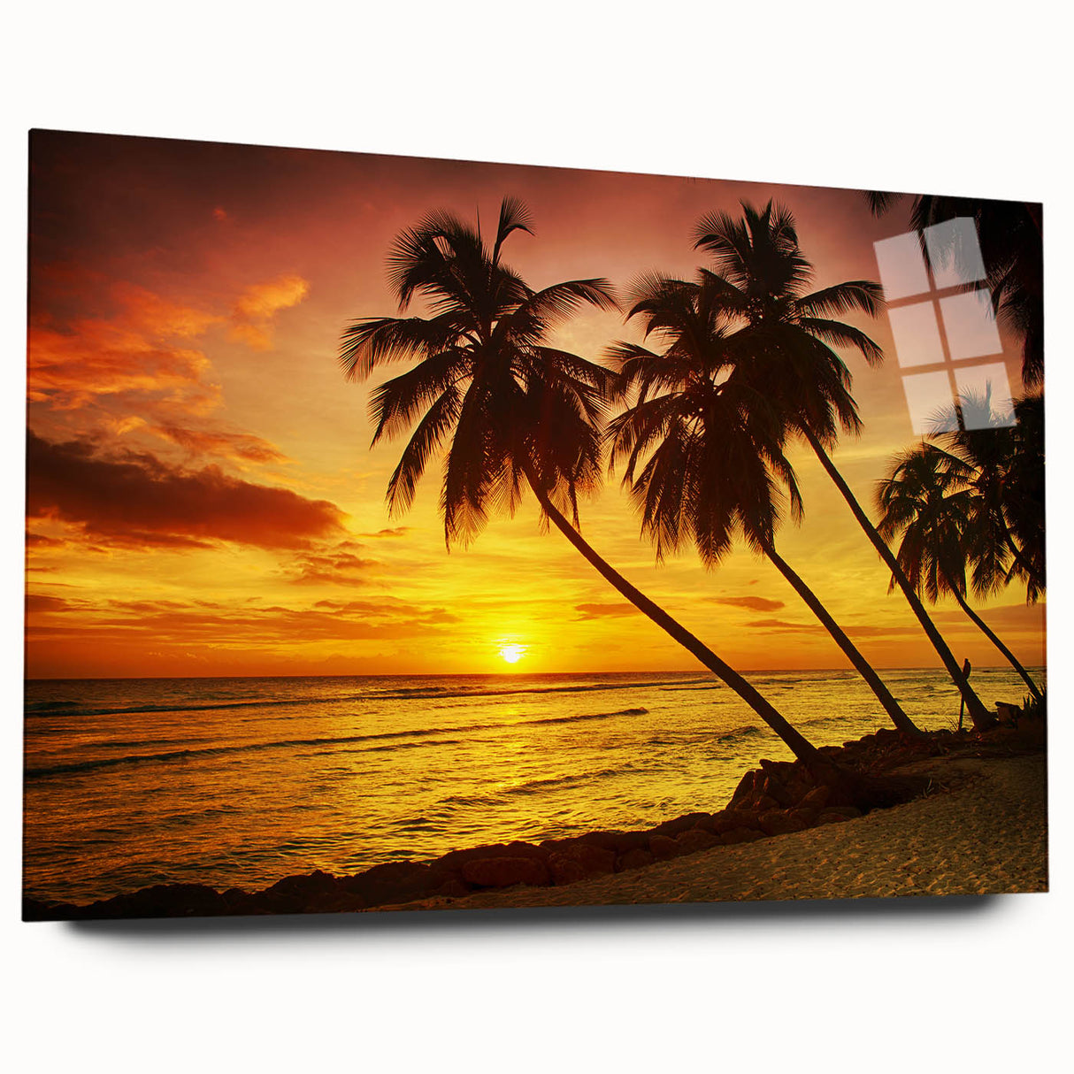 Large abstract wall art of a Caribbean Barbados scenery in vibrant blue and green hues on acrylic glass.