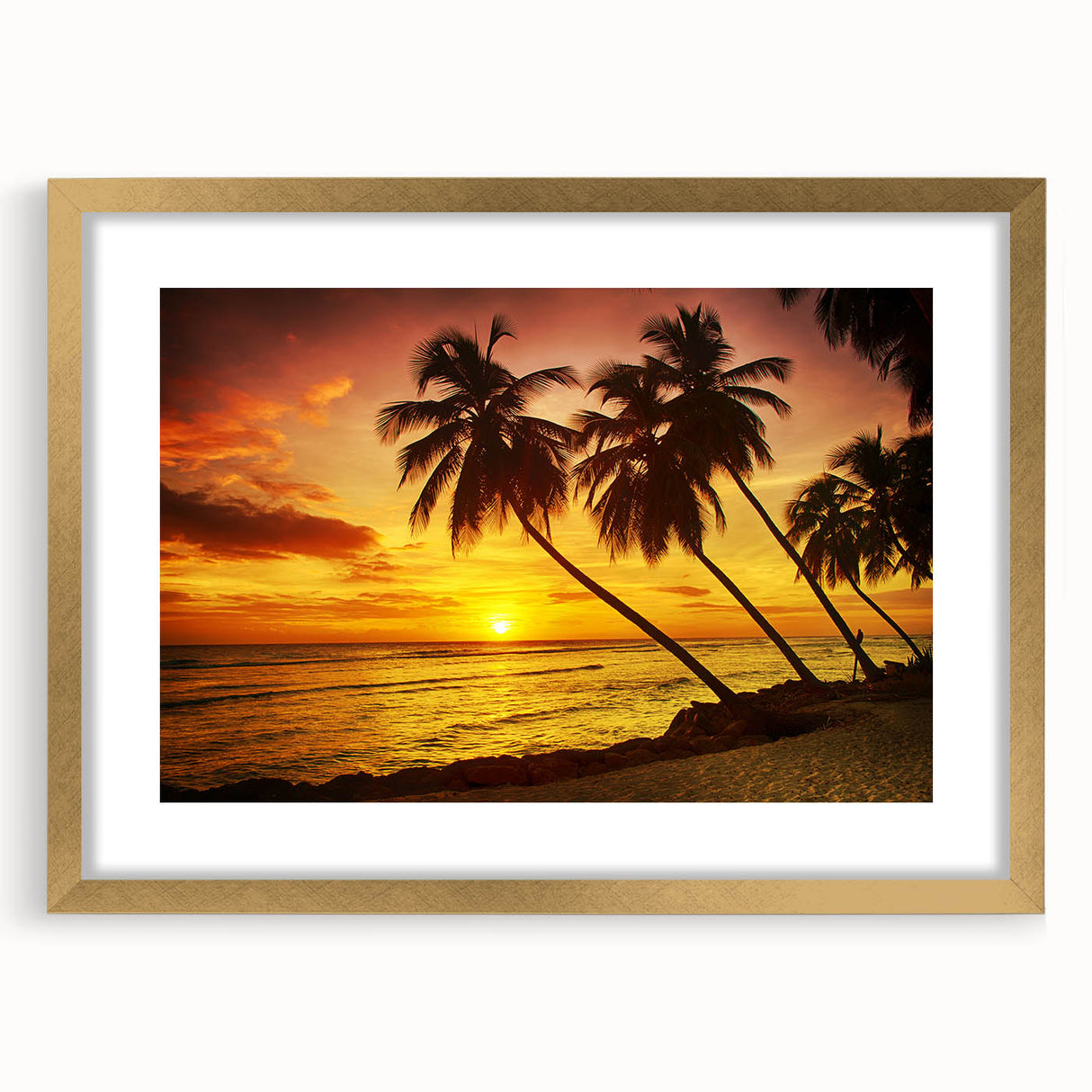 Textured abstract art print of Caribbean scenery in gold frame, ideal for bedroom wall decor.