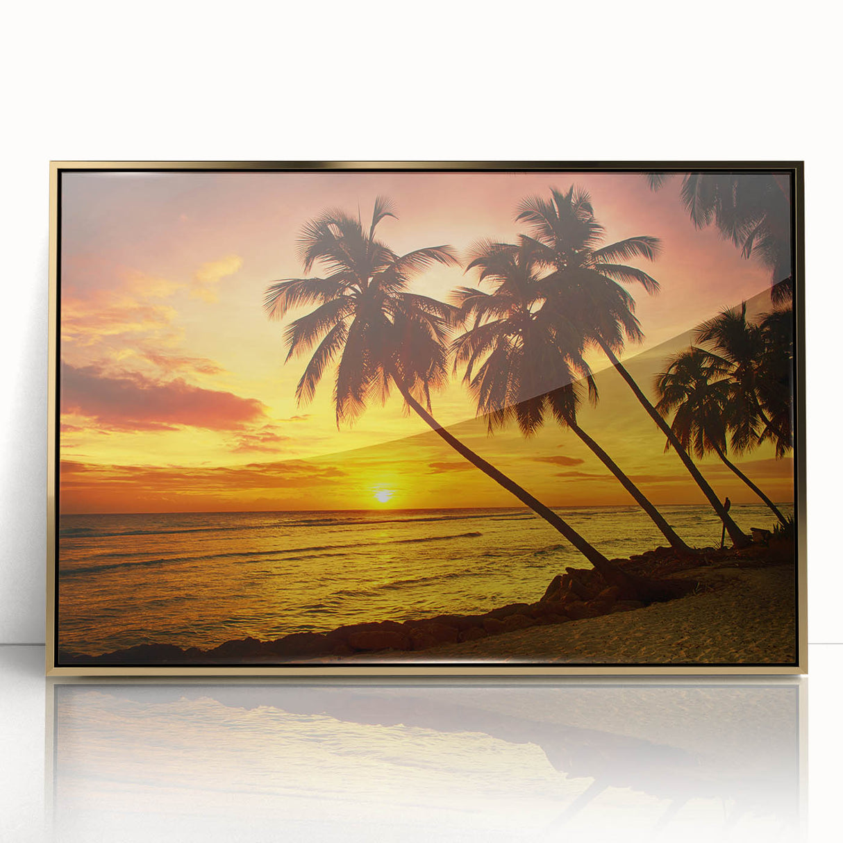 Art deco poster of Caribbean Barbados scenery in gold framed acrylic, with vibrant ocean and sky colors.