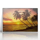 Mid-century modernist art of a Caribbean scenery, framed acrylic with a palette of ocean blues and greens.