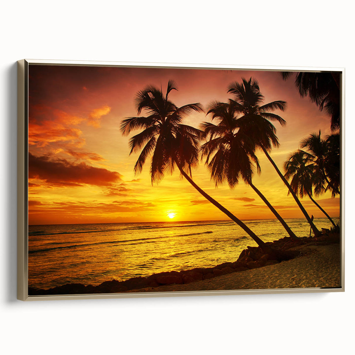 Vintage poster art of a Caribbean scenery on framed canvas, featuring vibrant colors against a black background.