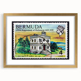 Abstract art print featuring a Caribbean Bermuda scenery in muted blue and green hues on a framed canvas.