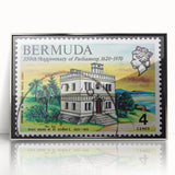 Framed acrylic print of a serene Bermuda coastline in muted blue and green tones, ideal for modern art wall decor.