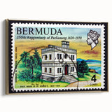 Framed canvas of a vintage-style Bermuda landscape in black and gold tones, ideal for bedroom wall art.