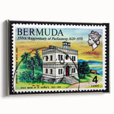 Framed canvas featuring a vintage Caribbean landscape with vibrant, colorful art and black accents.