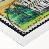 Art deco poster of Caribbean Bermuda scenery in soft pastel colors on rolled canvas, suitable for dining room wall art.