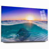 Large abstract wall art depicting a Caribbean scenery in vibrant blue and green hues on acrylic glass.