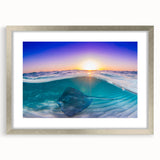 Extra large abstract art print featuring textured Caribbean scenery in muted blue and green, framed in silver.