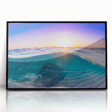 Large abstract wall art depicting Caribbean scenery in muted blue and green tones on a framed acrylic.