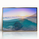 Art deco poster of a Caribbean scene with soft blue and beige tones on a framed acrylic.