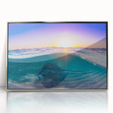 Framed acrylic print depicting a serene Caribbean scenery in muted blue and green tones, ideal for modern art wall decor.