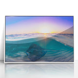 Mid-century modernist Caribbean scenery on white framed acrylic, featuring serene blue and green tones.