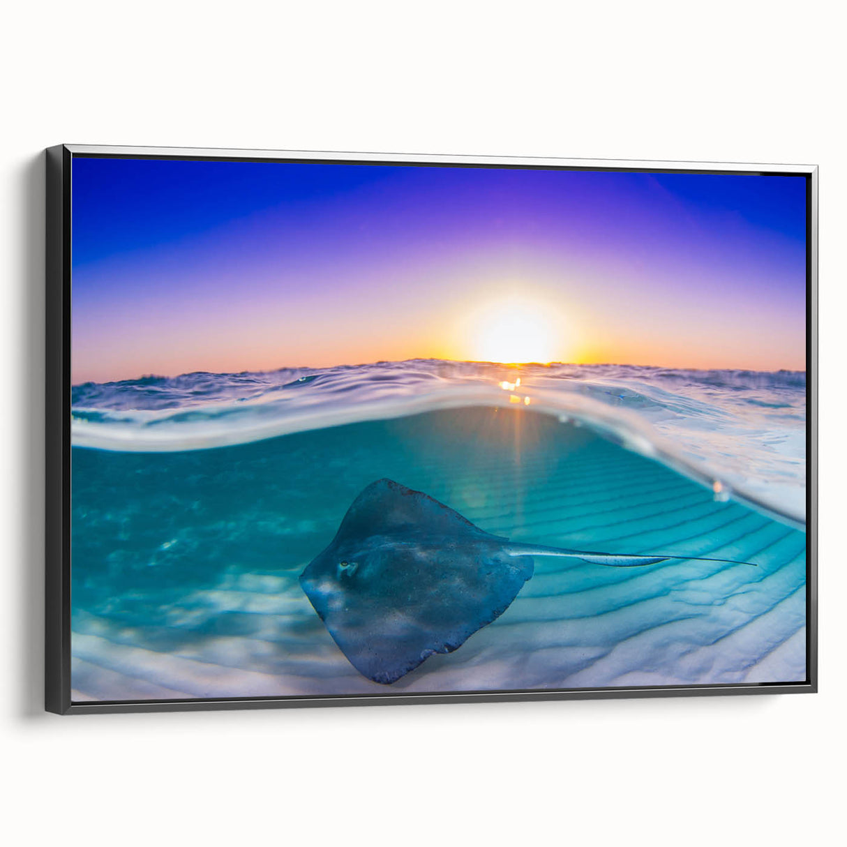 Black and white framed canvas of a vintage Caribbean landscape, ideal for bedroom wall decor.
