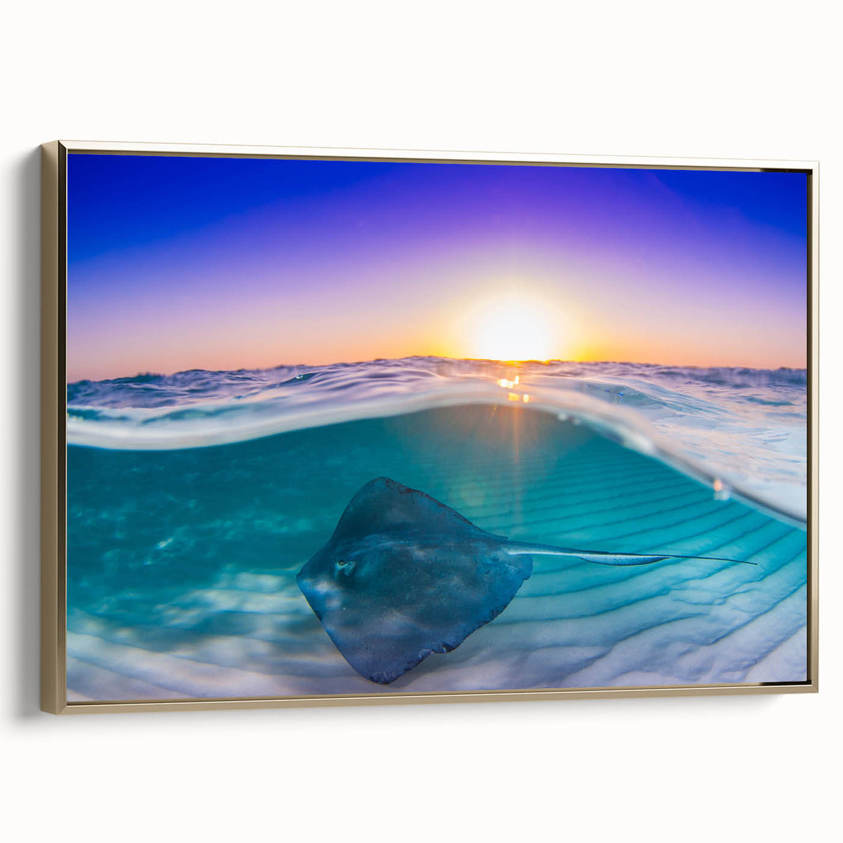 Framed canvas depicting a serene Caribbean landscape in muted blues and greens, ideal for bedroom wall art.