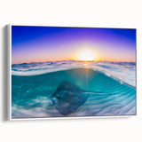 Vintage poster art of a Caribbean scene on framed canvas, featuring vibrant blue and green tones.