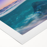 Art deco poster featuring a serene Caribbean scenery in muted blue and green tones on a rolled canvas.