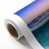 Art deco-style poster of a Caribbean scenery on rolled canvas, featuring serene blue and green hues.