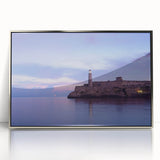 Large acrylic print of a mid-century modernist Caribbean scenery, framed in silver, ideal for modern art wall decor.