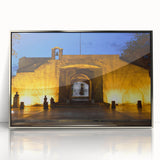 Acrylic print of a Caribbean scenery with vibrant blue and green tones, framed in silver, suitable for modern art wall decor.