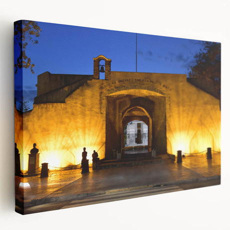 Lush Caribbean landscape on large stretched canvas, featuring vibrant green and blue tones, suitable for kitchen wall art.