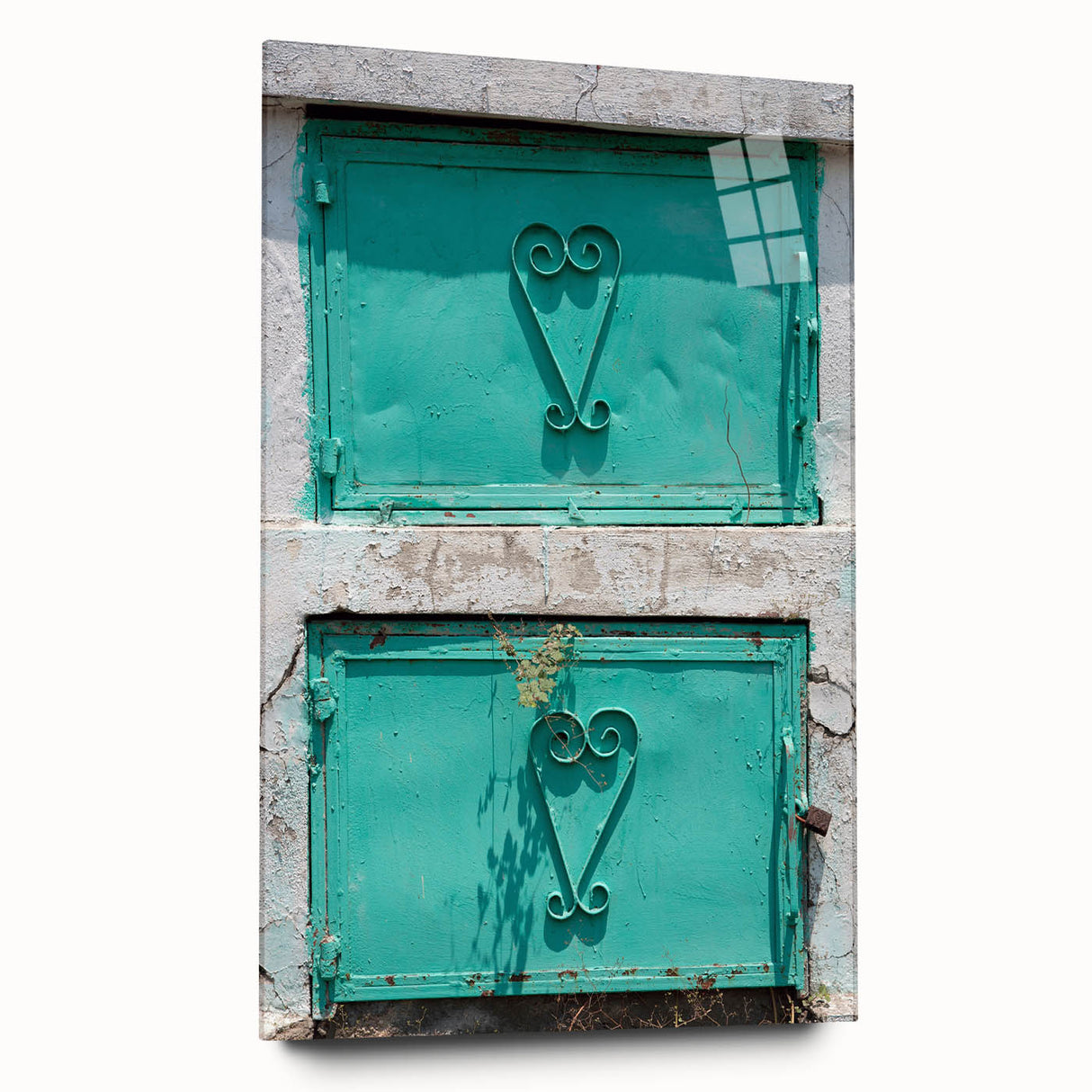 Large abstract wall art of a Caribbean scenery in vibrant blue and green hues on acrylic glass.
