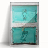 Mid-century modernist art of a Caribbean beach scene in muted blue and sand tones on framed acrylic.
