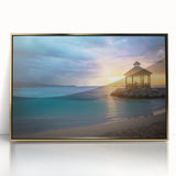 Mid-century modernist art depicting a serene Caribbean scene in pastel shades, framed in gold acrylic.