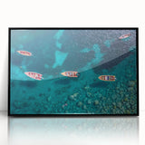 Large abstract wall art depicting a Caribbean scenery in vibrant blue and green tones, framed in black acrylic.