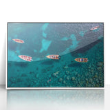 Large art print of a Caribbean scenery in Martinique on a white framed acrylic, featuring mid-century modernist style.