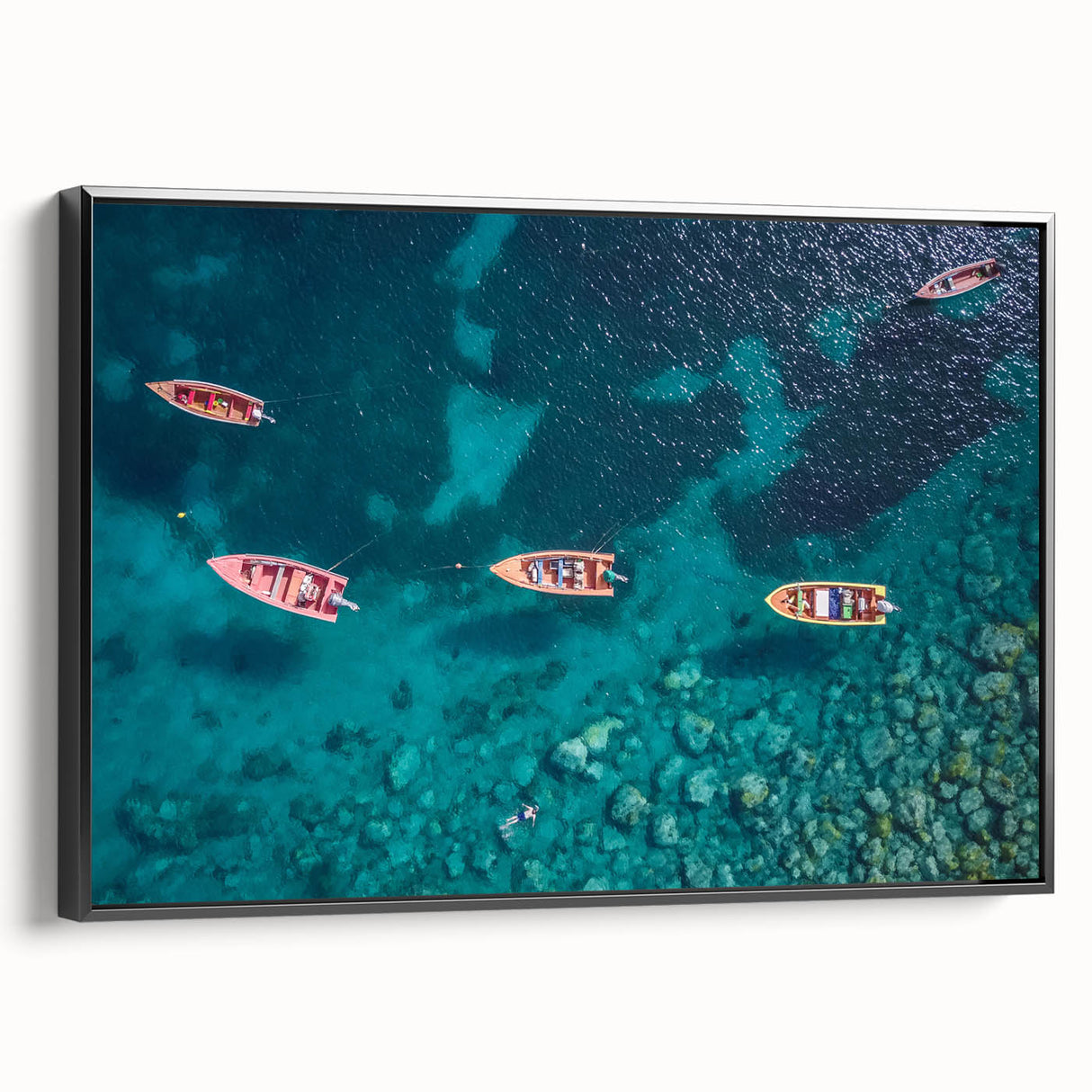 Black and white vintage poster art of a Caribbean landscape on framed canvas, ideal for bedroom decor.