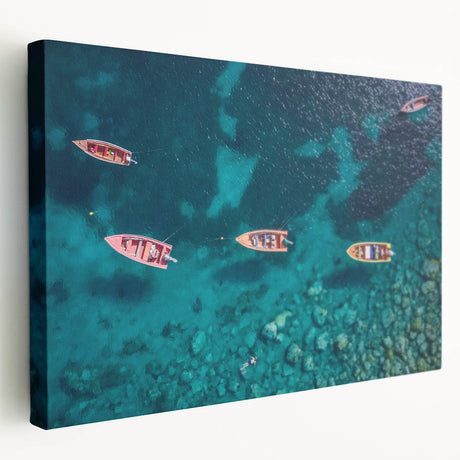 Large art print of a Caribbean Martinique scenery on stretched canvas, in vibrant blue and green shades.