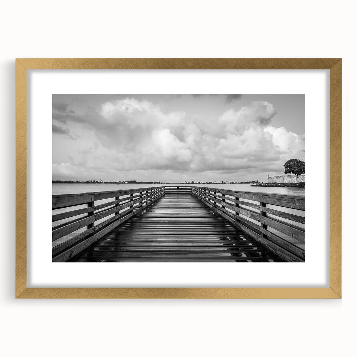 Abstract art print depicting a vibrant Caribbean scene in gold frame, suitable for bedroom or dining room decor.