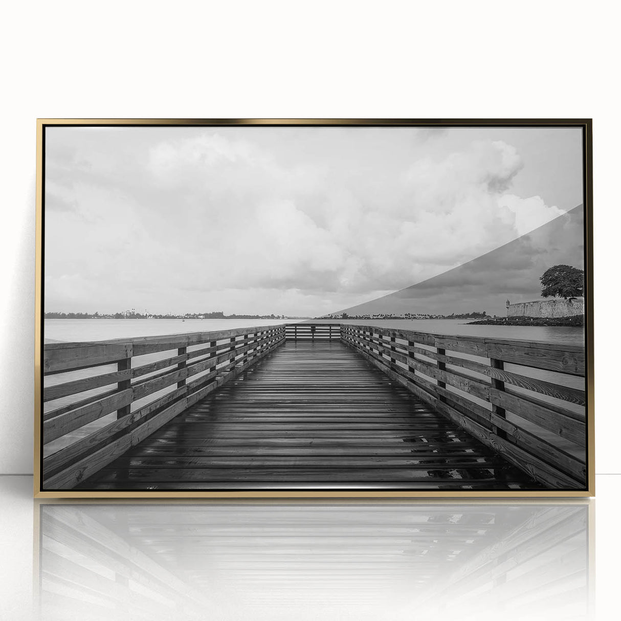 Art Deco style poster featuring a vibrant Caribbean scenery on a gold-framed acrylic, ideal for modern art wall decor.