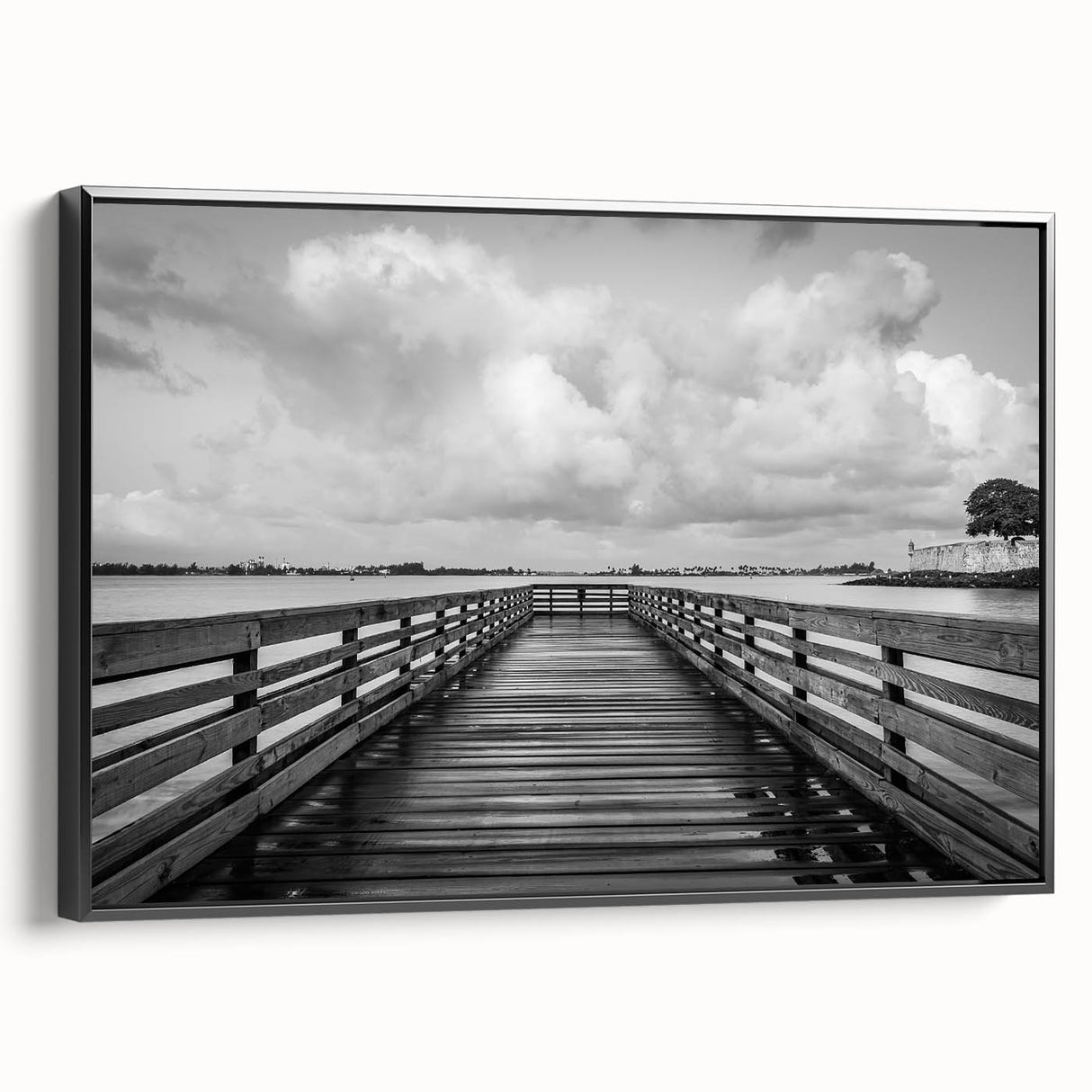 Black and white framed canvas depicting a vintage Puerto Rican landscape, ideal for bedroom wall art.