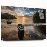 Acrylic print of a Caribbean landscape in vibrant blue and green tones, suitable for dining room decor.