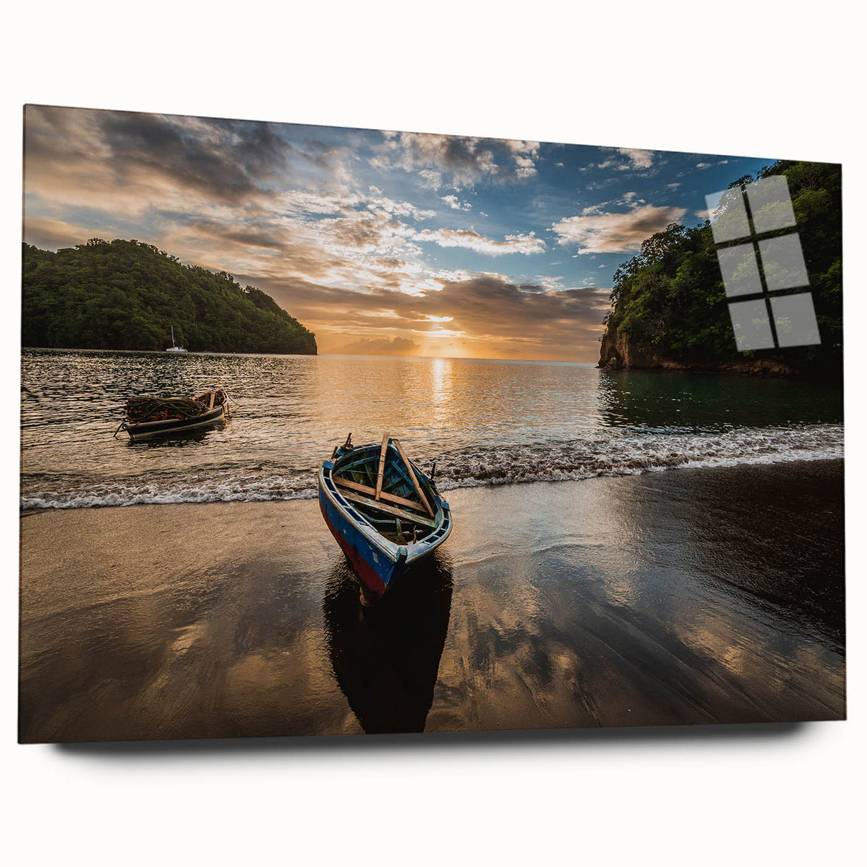 Large abstract wall art of Caribbean Saint Vincent scenery in vibrant blue and green tones on acrylic glass.