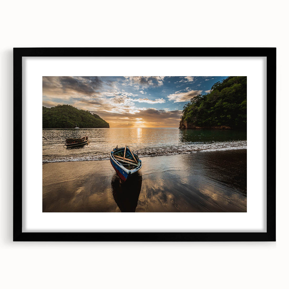 Extra large framed abstract art print depicting vibrant Caribbean scenery on textured canvas, ideal for living room decor.