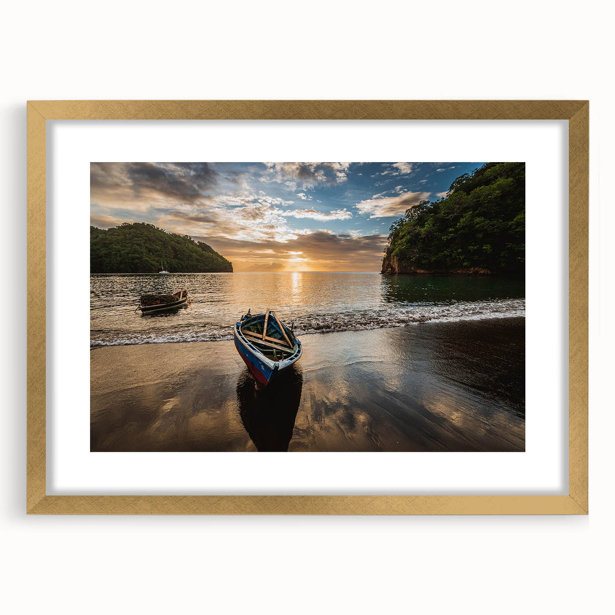 Abstract art print of Caribbean scenery in muted blue and green tones on a framed canvas, suitable for dining room decor.