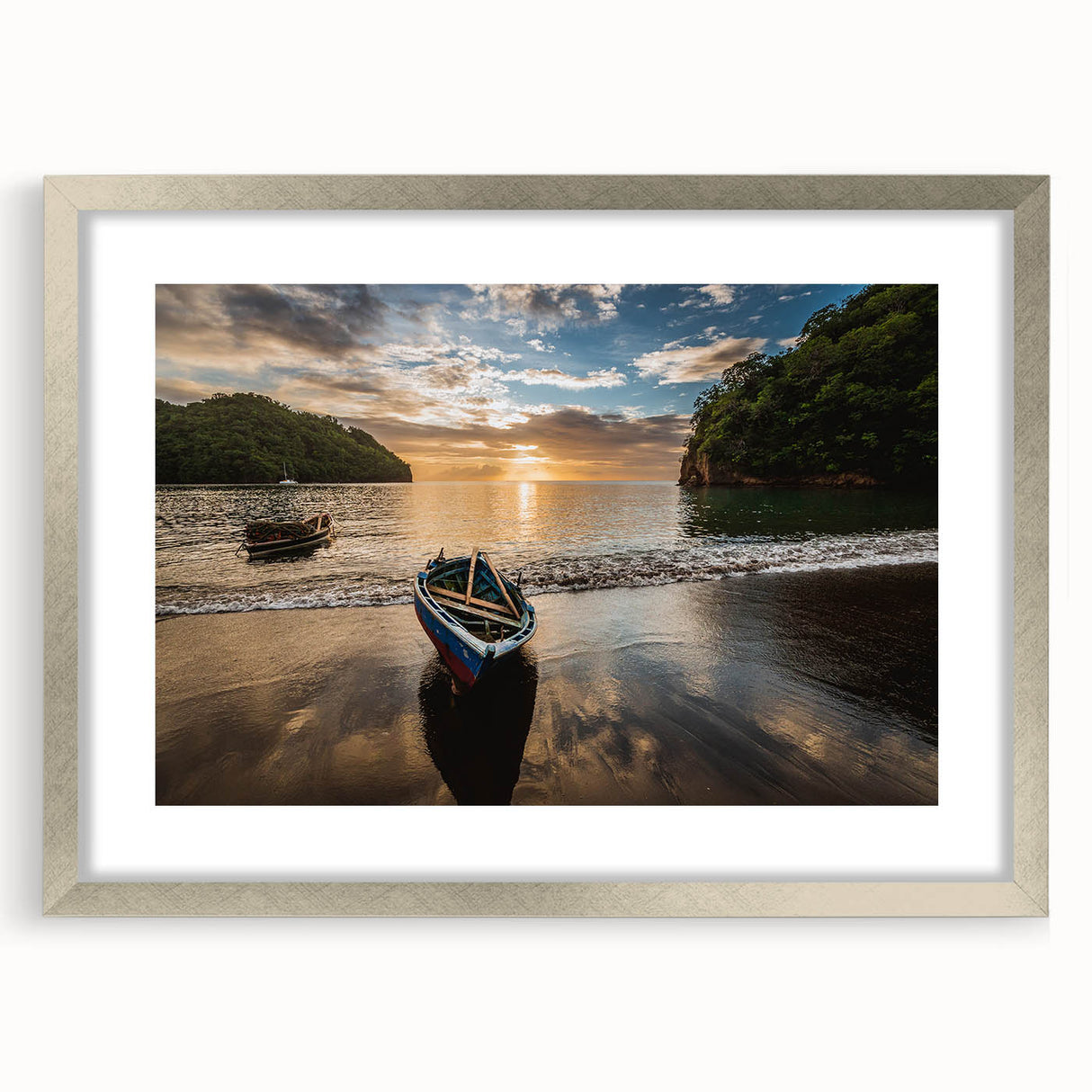 Extra large abstract art print of Caribbean scenery in muted blue and green tones, framed in silver.