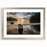 Extra large abstract art print of Caribbean scenery in muted blue and green tones, framed in silver.