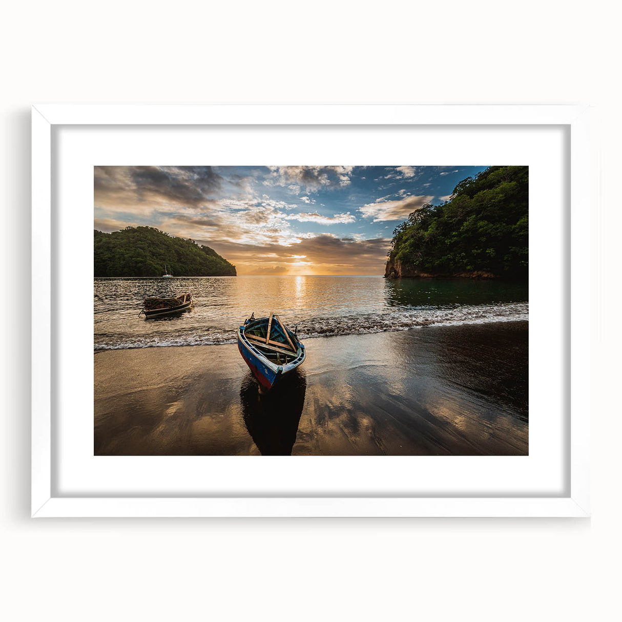Textured abstract art print depicting a Caribbean scenery in muted blue and green tones, framed with a white mat.