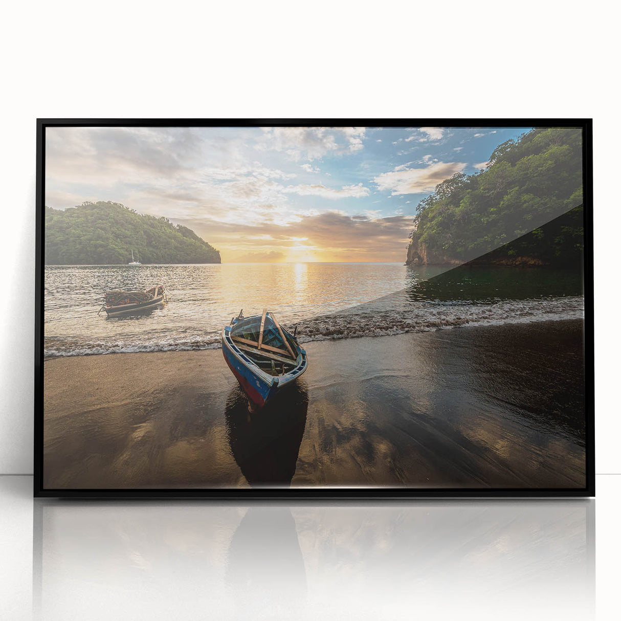 Large abstract wall art featuring Caribbean scenery in acrylic, framed in black, ideal for modern living room decor.