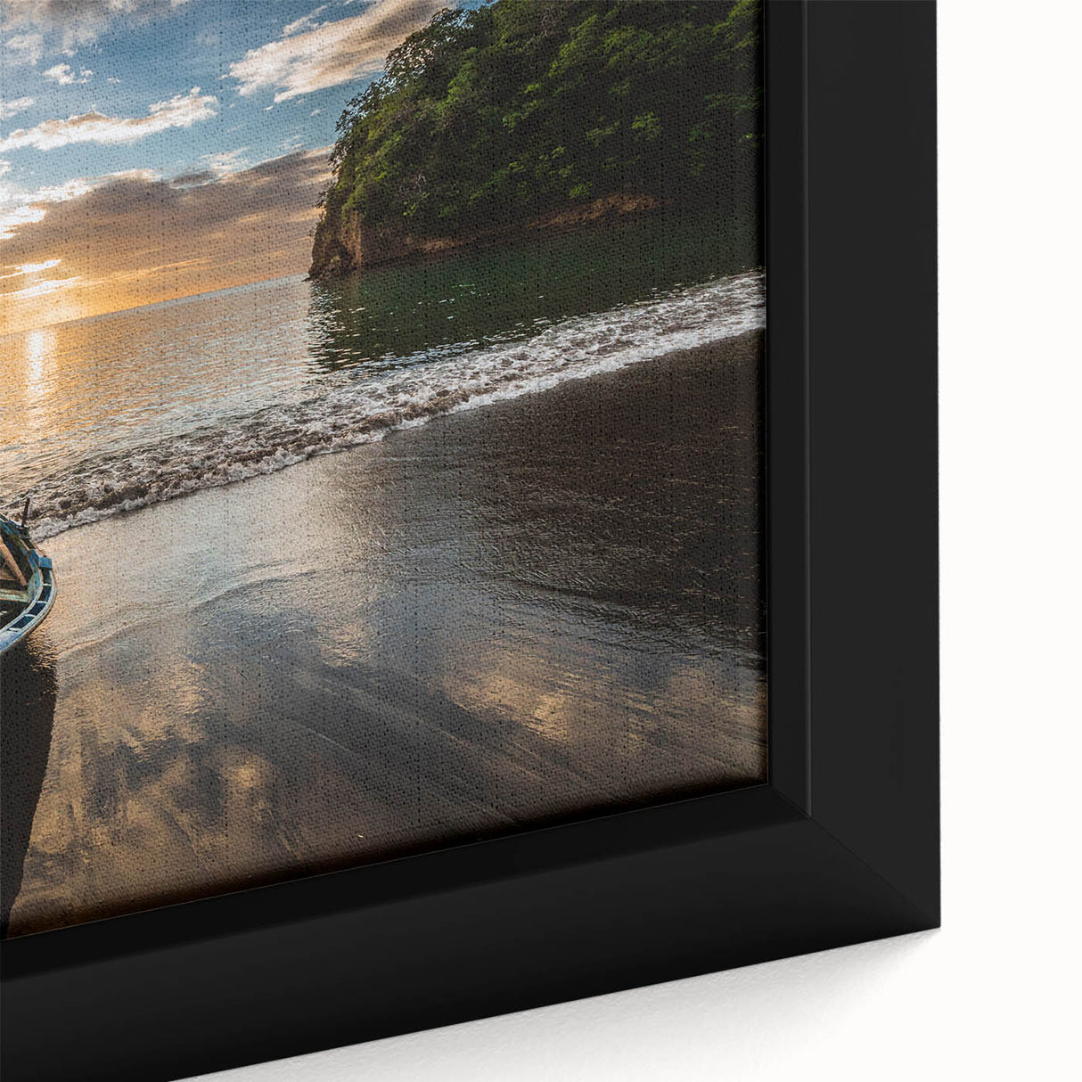 Extra large framed canvas of a textured Caribbean scenery in black with vibrant colorful accents.