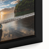 Extra large framed canvas of a textured Caribbean scenery in black with vibrant colorful accents.